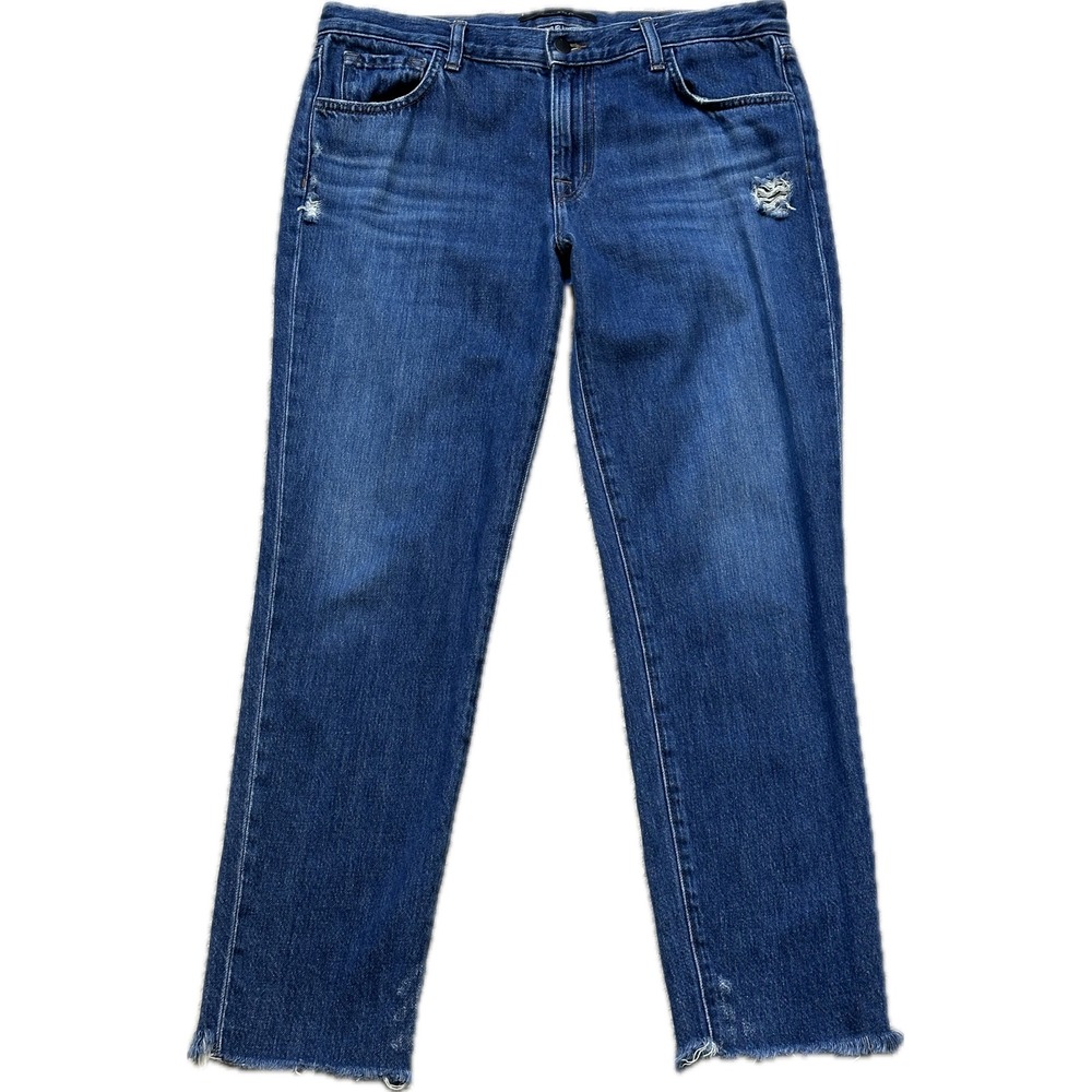 J Brand Johnny Mid Rise Boy Fit Jeans JB001117 31 Blue Distressed Raw Hem Denim